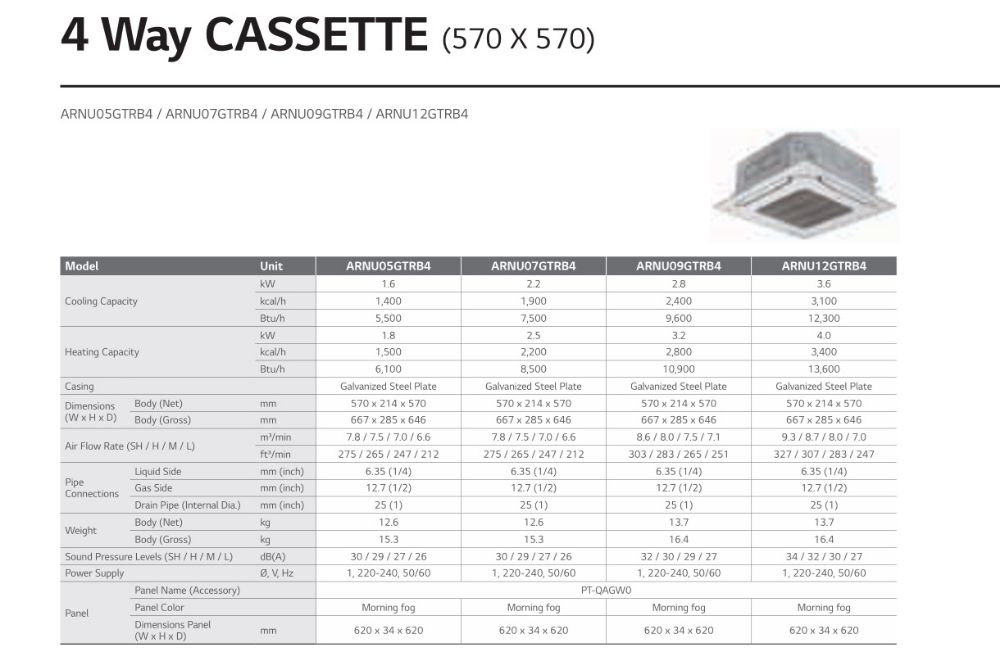 LG VRF Indoor units 4-Way Cassette Compact Specifications